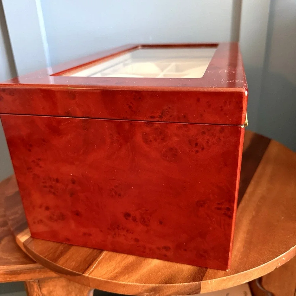 Vintage Burl Wood Jewelry Box Chest High Gloss Tortoise Shell Glass Tabletop